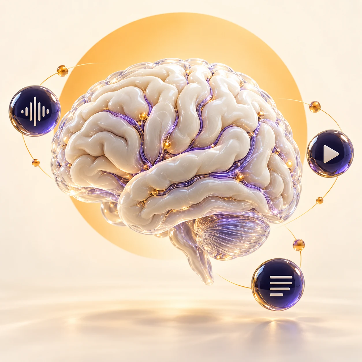 Cerebro conceptual de cerámica y cristal junto a símbolos de texto, audio y video.